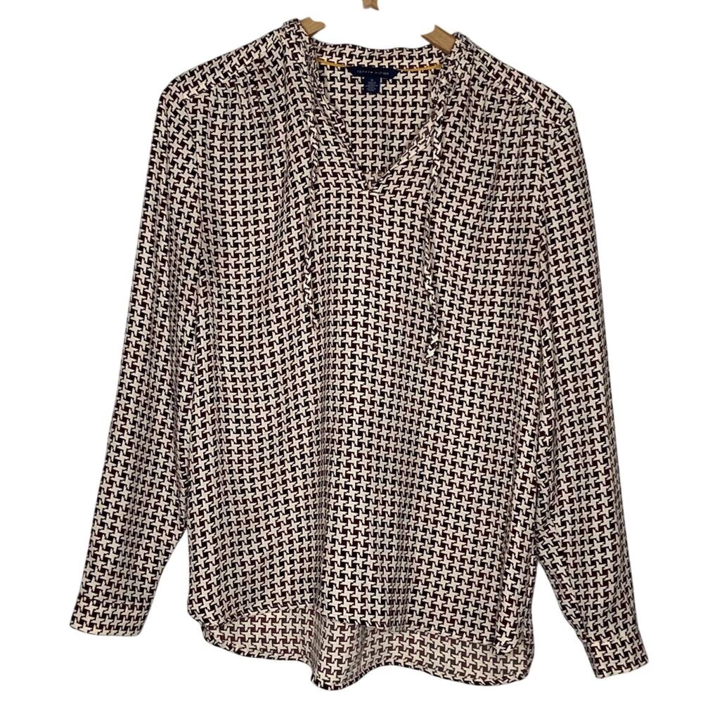 Tommy Hilfiger Houndstooth Long Sleeve Blouse Brown Cream Women's Size Medium